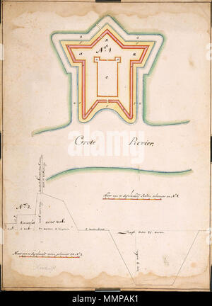 . Nederlands: Titel catalogus Leupe (NA): Platte grond van de vesting Noortwyk aan de Groote rivier. In potlood op de kaart geschreven: Noordwijk. In de catalogus Leupe bijgeschreven: overgekomen 1658 zie inventaris KA 1111 fol 115-118; Het nieuwe nummer VOC è 1221. Notities tergo: No. 28 [waarschijnlijk het volgnummer van het stuk in de band OBP] / 115 [het folionummer in de band OBP] / fortje Noortwyk / 602 t / Ý 1660 [in potlood]. Inglese: Secondo il catalogo Leupe (NA), il titolo originale recita: Platte grond van de vesting Noortwyk aan de Groote rivier. Scritto sul grafico a penna Foto Stock