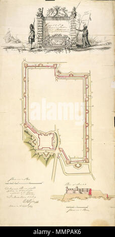 . Nederlands: Titel catalogus Leupe (NA): Progetto om de stadt en Casteel Batavia, op het menagieuse te versterken. Kopie uit 1764 naar de situatie van 1762. Notities tergo: Copie La D n. 2 [staat zowel aan de bovenkant als aan de onderkant]. 150 Rijnlandse roeden = 160 strepen; omgerekende schaal [1 : 3530] [progetto] / 6 Rijnlandse roeden = 93 strepen; omgerekende schaal [1 : 242] [Profil]. Inglese: Secondo il catalogo Leupe (NA), il titolo originale recita: Progetto om de stadt en Casteel Batavia, op het menagieuse te versterken. Copia risalente al 1764 sulla base della situazione nel 1762. Note Foto Stock