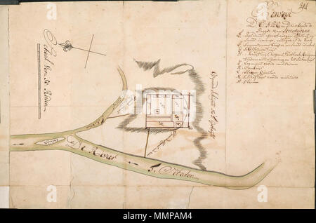 . Nederlands: Titel catalogus Leupe (NA): Platte grond van de Pagger van Soecawayana, tusschen de Tsitaron en Tsikouw. Rechts boven genummerd: 394 [moet het folionummer in de band OBP zijn]; aantekening catalogus Leupe: inv. nr. 2032 folio 394. Dit è het oude KA-nummer, het nieuwe VOC-nummer è 2140. Notities tergo: Behoort da de Brieven en papieren van Batavia overgekomen 1731, deel 1, 3 stukken / 602 n / n. 5. Legenda: A-N Inglese: Secondo il catalogo Leupe (NA), il titolo originale recita: Platte grond van de Pagger van Soecawayana, tusschen de Tsitaron en Tsikouw. Numerate in alto a destra Foto Stock