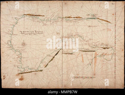 . Nederlands: Titel nel catalogus Leupe (NA): Kaart van de Bocht van Tomine (Oostkust van Celebes), beseylt met de Hoeker de Brandgans anno 1682. Datering van de situatie op de kaart: 1682 Rechtsboven genummerd: 17.d. Bezeild met de hoeker Brandgans. Notities tergo: De bogt van Tomine / 's ryks archief. [Stempeltje] / Ryks-Archief 's Gravenhage [stempeltje]. Inglese: titolo nel catalogo Leupe (Archivi nazionali): Kaart van de Bocht van Tomine (Oostkust van Celebes), beseylt met de Hoeker de Brandgans anno 1682. La datazione della situazione raffigurata sulla mappa: 1682 numerate in alto a destra: 17.d. Navi Foto Stock
