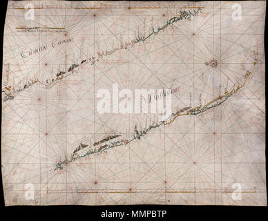 . Nederlands: Titel catalogus Leupe (NA): Kaart van de kust van Malabaar van Suratte tot kaap Comorijn (in doubletvorm). Notities tergo: Kust Mallebaar inglese: titolo nel catalogo Leupe (NA): Kaart van de kust van Malabaar van Suratte tot kaap Comorijn (in doubletvorm). Note su retromarcia: Kust Mallebaar Nederlands: Kaart van de kust van Malabaar, van Suratte tot kaap Comorijn inglese: Mappa della costa del Malabar, da Suratte a Cape Comorin . tra 1650 e 1700. Nederlands: Anoniem / Anonimo (landmeter / kaartenmaker) Inglese: Anoniem / Anonimo (geometra / cartografo) AMH-5606- Foto Stock