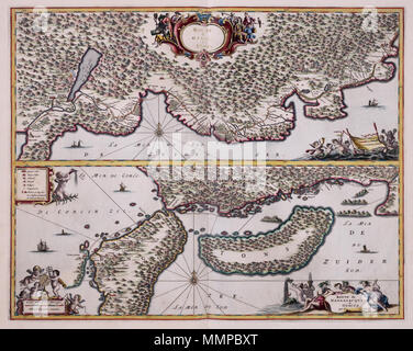 . Nederlands: Kaart van Giappone uit de Atlas van der Hagen, Koninklijke Bibliotheek, Den Haag deel 4. Deze kaart van Giappone toont de weg van Osaka naar Jedo. De kaart è afkomstig uit een rijk geïllustreerd reisverslag van een Nederlandse handelsdelegatie naar de Keizer van Giappone. De auteur van de kaart era de Schellingwoudse predikant Arnold Montanus die de belevenissen uit de mond van de membri van de optekende Expeditie en deze nel 1669 bij Jacob van Meurs in Amsterdam publiceerde. Inglese: Mappa del Giappone presi dall'Atlas van der Hagen, Koninklijke Bibliotheek, L'Aia Parte 4. Questa mappa di J Foto Stock