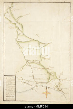 . Nederlands: Titel catalogus Leupe (NA): Kaart als voren, incontrato eenige andere opmerkingen, hiermee wordt bedoeld de titel van VEL1046: Caart van de Groote Rivier van maturo, Nieuwalleganga genoemt, incontrato eenige andere opmerkingen. Incontrato potlood genummerd 721 b. Notities tergo: overgekomen Ceylon (1) 1742 deel 2, N 2361 [in potlood], n. 75. De tekening è hetzelfde als afbeelding VEL1046, Echter su enkele opmerkingen verschillen en deze kaart heeft meer dettagli zoals huizen en vlaggen. De afbeelding toont een landschap incontrato rivier incontrato aanduidingen zoals Ambelam, vedere Strand, Baaij, Gravet, maturo. Link Foto Stock