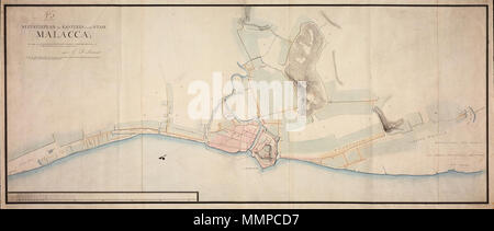 . Nederlands: Titel catalogus Leupe (NA): Situatie-piano des Kasteels en der Stad Malacca, ter ordine van de H.H. Vaillant, Ver-Huell en Graevesteyn, Commissarissen-Militair enz.. Notities tergo: porta Malakka Reimer [in potlood] / 596 [met vette cijfers gestempeld op een etiketje] / n. 1. Inglese: titolo nel catalogo Leupe (NA): Situatie-piano des Kasteels en der Stad Malacca, ter ordine van de H.H. Vaillant, Ver-Huell en Graevesteyn, Commissarissen-Militair enz.. Note su retromarcia: porta Malakka Reimer [a matita] / 596 [stampigliato in grassetto su una piccola etichetta] / n. 1. Nederlands: Kaart van Malacca Foto Stock
