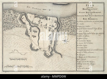 . Nederlands: Plattegrond van een nieuw fort bij Nieuw Amsterdam, Berbice. Piano van het Hooftquartier di Nieuw Retranchement da de Geweezene Stad Nieuw Amsterdam in Rio Berbice. Legenda: A. 5 bastioni incontrato Palissadens aan malkander gehecht. / B. 2 Lunetten. / C. Batteria van 10 Stukken. / D Quartier van den Gouverneur eertyds van den il colonnello de Salve. / E. Segretario eertyds Logement van den Fourgeoud principali. / F. Quartier der Officieren. / G. Combuys Officiers. / H. Gouvernements Washuys. / I. Casernen voor de Soldaten. / K. Soldaten Combuys. / L. De Luterse Kerk. / M. Slachthuys eertyds Caserne Foto Stock