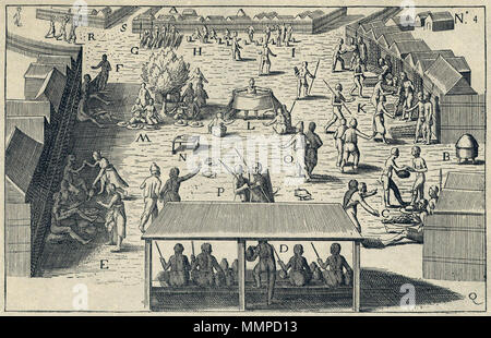 . Nederlands: De markt van Kaap Korso. De lettere op de afbeelding worden verklaard in de tekst in: Pieter de Marees, 'Beschrijvinge en historische verhael vant gotta koninckrijck van Guinea, Anders de gotta custe de Mina Genaemt […]", Amsterdam 1602. Linksboven : fno 2. fol.61.. Rechtsboven: n.o 4. Inglese: il mercato a Cape Korso. La chiave per le lettere è esposto nel testo di Pieter de Marees, 'Beschrijvinge en historische verhael vant gotta koninckrijck van Guinea, Anders de gotta custe de Mina Genaemt [...]', Amsterdam 1602. In alto a sinistra : fno 2. fol.61.. In alto a destra: n.o 4. Nederlands: De markt Foto Stock