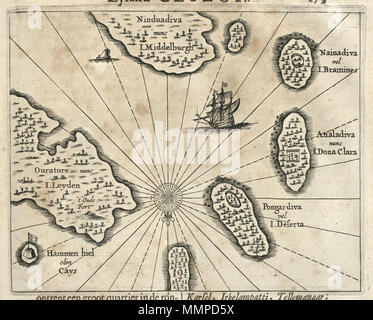 . Nederlands: Plattegrond van de eilanden Leida, Middelburg, Hammenhiel, Bramines, Dona Clara en deserta. Ninduadiva nunc I.Middelburgh / Naina vel I.Bramines / Analadiva nunc Mi Dona Clara / Pongardiva vel I.Deserta / Hammen hiel olim Cays / Ourature nunc I.Leyden / 't Oude Fort. De meeste van deze eilanden kregen na de inname van Jaffnapatnam nel 1658 Nederlandse namen, maar die bekleven niet. Inglese: Mappa delle isole di Leida, Middelburg, Hammenhiel, Bramines, Dona Clara e deserta. Ninduadiva nunc I.Middelburgh / Naina vel I.Bramines / Analadiva nunc Mi Dona Clara / Pongardiva vel I.De Foto Stock