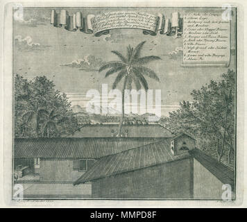 . Nederlands: Gezicht op de Adamsberg vanuit Hulftsdorp. Ein prospettiva, aus einem Fenster von Hülffsdorf, ein viertel Stund von Colombo gelegen, gezeichnet, così wie sich über die Hof-Gebaude, die situazione nach des Adams-Pic oder Berg presentiret. Linksboven: No: L. Rechtsboven: pag. 148.. Legenda: a. die Kuche oder Compuijs. / B. Sclaven Logis. / C. durchgang nach dem Garten und Mondour. / D. Cocus oder Klapper Bäume. / E. Mondour oder Saal. / F. Mangas und Jacca Bäume. / G. Areck oder Pijnang Bäume. / H. Wilte Bäume. / I. Wieß-Grund oder Seichter Morast. / K. Garten und wilte Busgage. / L. Annuncio Foto Stock