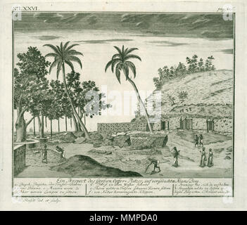 . Nederlands: Gezicht op de offerplaats bij de Adamsberg. Ein prospettiva des Grossen Opffer-Platzes, auf vorgedachten Adams-Berg. Linksboven: No: LXXVI. Rechtsboven: pag. 226. Legenda: a. Bagoh, Bagaha, oder Teuffels-Baeume. / B: Cocus Bäume. / C: Mauern worin Löcher worein Lampen zu setzen. / D: Thür così zu einen Weijher führet. / E: Thüren welche in Felssen gehauene Kamern führen. / F: von Natur hervorragente Klippen. / G: Bramines die sich da aufhalten. / H: Singualesen welche zu Opffern auf diesen Berg Komen. / Io: Horizont von der vedere. Inglese: Vista del sito sacrificale vicino al Adamsberg Foto Stock