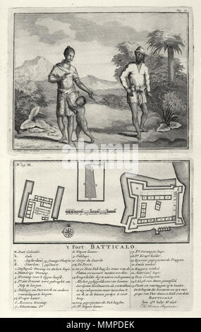 . Nederlands: Afbeeldingen van een uomo Singalese en vrouw en een plattegrond van het fort te Batticaloa. Cingaleesche Man en Vrouw / 't Fort Batticalo. Op de kaart zijn legendanummers gegeven en verklaard. In Linksboven de plattegrond: n. 13: M. Rechtsboven: pag. 32. De afbeeldingen zijn afkomstig uit het werk 'Oud en Nieuw Oost-Indiën' van François Valentyn. Inglese: foto di un uomo Singalese e la donna e una mappa di fort a Batticaloa. Cingaleesche Man en Vrouw / 't Fort Batticalo. Le funzioni della mappa un tasto numerato con note esplicative. In alto a sinistra della mappa: n. 13: M. superiore destro: pag. 3 Foto Stock