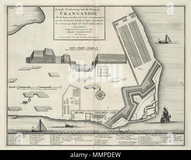 . Nederlands: Plattegrond van het fort te Cranganoor. Grond Teekening van de Fortresse Cranganoor. Met de buyten wercken en 't Profyl van een Nieuwe Schans, incontrato Sarams secco, secco Straaten en TAgtig Erven tot Huysen, Ter ordre van syn Hoogh E:le Hoog Loffelelyke Memorie Geprojecteert. Linksboven: No: 18. Op de kaart zijn legendanummers gegeven en verklaard. De kaart è afkomstig uit: 'Oud en Nieuw Oost-Indiën' van François Valentyn. Linksboven zwemmen twee vreemde beesten. Inglese: piano di pavimento del fort a Cranganoor. Grond Teekening van de Fortresse Cranganoor. Met de buyten wercken en 't Prof Foto Stock