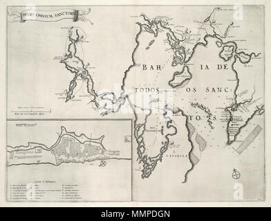 . Nederlands: Kaart van Bahia de Todos os Sanctos. Sinus Omnium Sanctorum. Rechtsonder: No: 31. In de inzet zijn legendanummers gegeven en verklaard. De kaart è successivamente sulla genomen in de "Atlas Maior' van Joan Blaeu (1665). Op de kaart è te zien hoe nel 1638 de vloot van Johan Maurits van Nassau-Siegen de baai in vaart om de stad Salvador te veroveren op de Portugezen. Deze slaagde daar echter su niet in. nel 1624 en 1625 era de stad enige maanden in bezit van de WIC. Cfr. Koninklijke Bibliotheek, Den Haag, inv. nr. 049 B13 093 en Rijksmuseum Amsterdam, inv. nr. NG-501-96. Inglese: Mappa di Bahia d Foto Stock