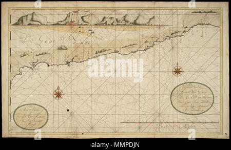 . Nederlands: Kaart van een deel van de Goudkust. Titel catalogus Leupe (NA): Kaart van een gedeelte van de Kust van Guinea, van Kaekonde Accara tot. Een Gedeelte van de Küst van Günea van Kackonde tot porta Accara Capt: Pieter Hinkels na sijn Opservatie Eigen En Ondervindinge. Linksboven è een aanzicht van kasteel El Mina en fort San Jago getekend. Hieronder staat: Aldüs Vertoont t Casteel del Mina incontrato t Land daar agter als uomini op de Reede Lijt. De kaart è op blauw papier geplakt. Notities tergo: No. 6 De gotta kust van Chakonde tot Elmina en Akara. Inglese: Mappa di parte della Gold Coast. Ti Foto Stock