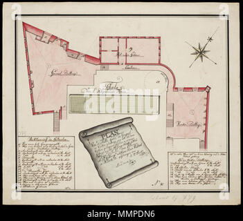 . Nederlands: Plattegrond van een deel van fort San Giorgio Elmina te. Piano van de Platte Grond, der Generael en Kerken-Batterije, wie ook der daar tuschen geleegenen Courtire & nieuwen Gebouw, van Sz: Edl: Comp: Hooft Casteel St: George D'Elmina;. De kaart heeft geen titel in de catalogus Leupe (NA). Legenda: 1-32. Notities tergo: No. 4B Gedeelte van het Fort d'Elmina. Registro 8, deel 1, Folio 31, Portefeuille .. [Geschreven op een blauw etiket] / 476 509 [in potlood]. Rechtsonder: No. 18. Rechtsonder: behoort bij 779 [in potlood]. Inglese: piano di pavimento di una parte della Fortezza di San Giorgio a Elmina. Foto Stock