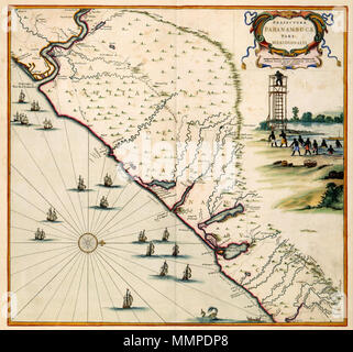 . Nederlands: Kaart van Pernambuco. Praefecturae Paranambucae pars Meridionalis. Tussen 1630 en 1654 werd een groot deel van Brazilië door de Nederlanders bezet. Gedurende deze periodo werd het gebied in kaart gebracht door de kartografen Cornelis Golia (overleden 1667/1668) en Georg Marcgraf. Nel 1643 verwerken zij de resultaten van deze nomeop in een fraaie wandkaart. Naar het voorbeeld van die kaart, publiceerde Joan Blaeu (1598-1673) nel 1662 deze atlaskaart. Voor de kust è een groot aantal Oost-Indiëvaarders afgebeeld. Deze kaart è te verbinden aan de kaarten: Koninklijke Bibliotheek, Foto Stock