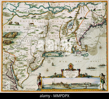 . Nederlands: Kaart van Nieuw Nederland. Novi Belgii Novae que Angliae Nec Non Partis Virginae Tabula multis in locis emendata / Nieuw Amsterdam op t Eylant Manhattans. Deze kaart van het huidige New England werd porta gepubliceerd Nicolaas Visscher II (1649-1702). Voor deze uitgave kopieerde Visscher eerst een kaart van Johannes Janssonius uit 1651 en daar voegde een gezicht op Nieuw-Amsterdam, het huidige Manhattan aan toe. De kaart è bijzonder nauwkeurig: vrijwel elke Europese nederzetting die er toendertijd è geweest è er afgebeeld op. Legenda: A-K. Voor het gezicht op Manhattan: cfr. Na Foto Stock