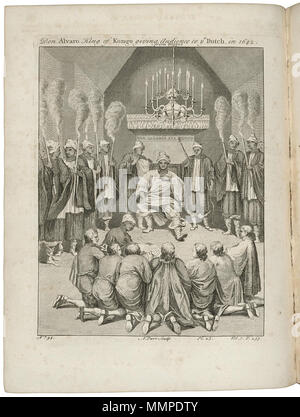 . Nederlands: Nederlanders nel 1642 op Audiëntie bij Don Alvaro, De Koning van Kongo. Don Alvaro re del Kongo dava udienza a y;e olandese, nel 1642. / Dalla Dapper. Cfr. Koninklijke Bibliotheek, Den Haag, inv. nr. 185 B 11 deel I, p. 580 en inv. nr. 693 C 5 dl V A. p. 2. Dit gezantschap vond plaats naar aanleiding van de verovering van Loanda nel 1642. Linksonder: No. 94. Rechtsonder: Pl. 23 / vol. 3 p. 257. Inglese: Don Alvaro, il Re del Congo, dà un pubblico di olandesi nel 1642. Don Alvaro re del Kongo dava udienza a y;e olandese, nel 1642. / Dalla Dapper. Cfr. Koninklijke Bibliotheek, Foto Stock