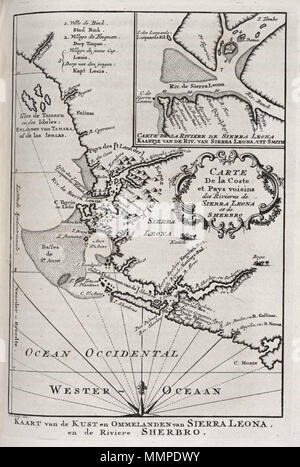 . Nederlands: Kaart van de kust van Sierra Leone tot Cape Mount. Kaart van de Kust en Ommelanden van Sierra Leona en de Riviere Sherbro. Carte de la Coste et Pays voisins des Rivieres de la Sierra Leona et de Sherbro. Inglese: Mappa della costa della Sierra Leone a Cape Mount. Kaart van de Kust en Ommelanden van Sierra Leona en de Riviere Sherbro. Carte de la Coste et Pays voisins des Rivieres de la Sierra Leona et de Sherbro. Nederlands: Kaart van de kust van Sierra Leone tot Cape Mount inglese: Mappa della costa della Sierra Leone a Cape Mount . 1747. Jakob van der Schley (1715-1779) alternativa Foto Stock