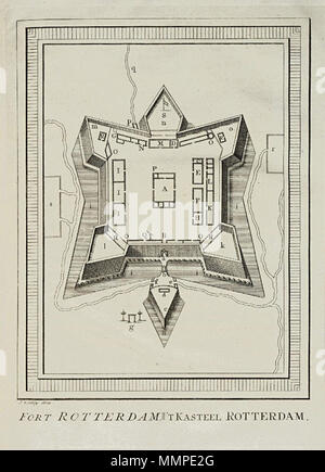 . Nederlands: Plattegrond van Fort Rotterdam te di Makassar. Fort Rotterdam. 'T Kasteel Rotterdam. De legendanummers op de kaart zijn niet verklaard. De afbeelding komt overeen met Valentyn, 'Oud en Nieuw Oost-Indiën', deel III b, tweede stuk, voor p. 137: cfr. Koninklijke Bibliotheek, Den Haag, inv. nr. 185 a 5 dl IIIb, II, p. 137. Inglese: piano di pavimento di Fort Rotterdam a Makassar. Fort Rotterdam. 'T Kasteel Rotterdam. I numeri chiave sul grafico non sono accompagnati da note esplicative. La illustrazione corrisponde a Valentyn, 'Oud en Nieuw Oost-Indiën', parte III b, seconda parte, prima di p. 1 Foto Stock