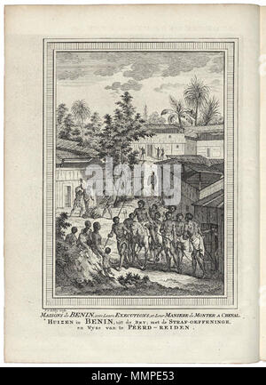 . Nederlands: Huizen in Benin. Maisons de Benin, avec Leurs esecuzioni, et leur Maniere de Monter un Cheval / Huizen in Benin, uit de Bry; met de Straf-oefeninge, en Wyze van te Peerd-reiden. De prent è overgenomen uit de Werken van de gebroeders De Bry. Inglese: case in Benin. Maisons de Benin, avec Leurs esecuzioni, et leur Maniere de Monter un Cheval / Huizen in Benin, uit de Bry; met de Straf-oefeninge, en Wyze van te Peerd-reiden. La stampa è stata copiata dalle opere del De Bry fratelli. Nederlands: Huizen in Benin Italiano: case in Benin . 1747. Jakob van der Schley (1715-1 Foto Stock