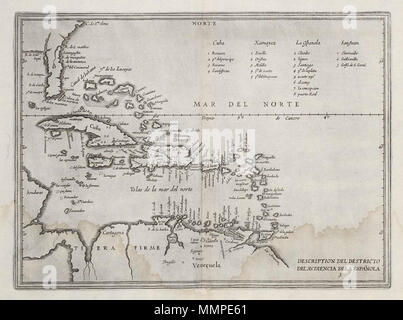 . Nederlands: Kaart van het Caribisch gebied. Descrizione del Destricto Delavdiencia dela Española. In de legenda rechtsboven worden de plaatsnamen verklaard. Inglese: Mappa della regione dei Caraibi. Descrizione del Destricto Delavdiencia dela Española. I nomi dei luoghi sono indicate nella parte superiore del tasto destro. Nederlands: Kaart van het Caribisch gebied inglese: Mappa della regione dei Caraibi . 1622. Creatore:M. Colijn Nederlands: Anoniem / Anonimo (landmeter / kaartenmaker), M. Colijn (uitgever) Inglese: Anoniem / Anonimo (geometra / cartografo), M. Colijn (editore) AMH-8115-KB Mappa del Foto Stock