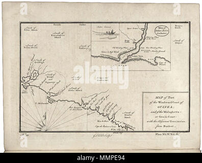 . Nederlands: Kaart van een deel van de kust van Guinea met een inzet van een kaart van de rivier Sestro. Mappa di parte della costa sopravento di Guinea; e dell'Malaghetta o Grain-Coast: con i territori adiacenti da Barbot. Mappa di Sestro fiume. Linksonder: No: 59. Rechtsonder: piastra XLIV. Vol. II.. Inglese: Mappa di parte della costa di Guinea con un riquadro che mostra un grafico del Fiume Sestro. Mappa di parte della costa sopravento di Guinea; e dell'Malaghetta o Grain-Coast: con i territori adiacenti da Barbot. Mappa di Sestro fiume. In basso a sinistra: No: 59. In basso a destra: piastra XLIV. Vo Foto Stock