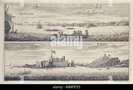 . Nederlands: Gezicht op de Westafrikaanse kust van Elmina tot Mouri en aanzicht van kasteel San Giorgio Elmina te. Prospettiva della costa da El Mina a Mowri. Prospettiva di St. Georges castello di El Mina. Cfr. Koninklijke Bibliotheek, Den Haag, inv. nr. 693 C 5 dl III, a. p. 497 en 693 C 5 dl III, a. p. 461 en 61 B 25, na p. 156. Rechtsonder: Vol. 2. La piastra 61. p. 589. Linksonder: No. 69. Manfro è de naam van de heuvel waar het fort bij Pocquesoe stond op. Het was van 1683 tot 1717 het enige Pruissische fort in Ghana. Nel 1725 kwam het in handen van de WIC en het werd omgedoopt tot fort Holland Foto Stock