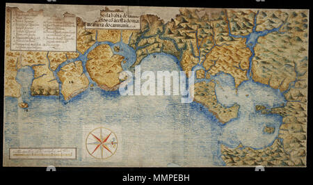 . Nederlands: Portugese kaart van de Allerheiligenbaai in Brazilië. Titel nel Catalogus Leupe: Kaart .. da Bahia de Todos os Sanctos co á Costa do Mar abbiamo mangiato una barra do Cammamú. [?]Ho da Bahia de todos [OS] sanctos co acosta do Mar ateabarra fare cammamu 1638. Legenda: 1-18. Inglese: grafico portoghese di Allerheiligenbaai in Brasile. Titolo nel catalogo Leupe: Kaart .. da Bahia de Todos os Sanctos co á Costa do Mar abbiamo mangiato una barra do Cammamú. [?]Ho da Bahia de todos [OS] sanctos co acosta do Mar ateabarra fare cammamu 1638. Chiave: 1-18. Nederlands: Portugese kaart van de Allerheiligenbaai in Brazilië Eng Foto Stock