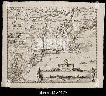 . Nederlands: Kaart van Nieuw Nederland met een inzet van Nieuw Amsterdam. Titel Catalogus Leupe (NA): Novi Belgii Novaeque Angliae nec non Partis Virginiae Tabula mulits in locis emendata. Novi Belgii / Novae que Angliae Nec Non Partis / / Virginae Tabula. Een ingekleurde versie van deze kaart è te vinden in de Koninklijke Bibliotheek in Den Haag, inv. nr. 049 B13 074. Legenda: A-K. Voor het gezicht op Manhattan: cfr. Nationaal Archief, Den Haag, inv. nr. VELH0619.14 en Rijksmuseum Amsterdam, inv. nr. NG-28 en idem, inv. nr. NG-20-D. Voor de kaart:cfr Koninklijke Bibliotheek, Den Haag, inv. Foto Stock