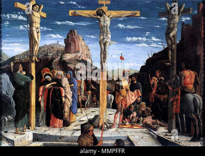 . Deutsch: Altarretabel von San Zeno in Verona, Triptychon, mittlere Predellatafel crocifissione. Tra il 1456 e il 1459. Andrea Mantegna - Crocifissione - WGA13973 Foto Stock