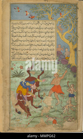 . Inglese: Folio dal Ramayana di Valmiki (la maggiore libertà di Ramayana), Vol. 2, folio 226; recto: testo; tergo: Angada smites il demone Narantaka 1597-1605 Fazl , (indiano, Indiana) dinastia Mughal acquerello opaco, inchiostro e oro su carta H: 27,5 W: 15,2 cm India del Nord dono di Charles Lang Freer F1907.271.226 . tra 1597 e 1605. Fazl , (indiano, Indiana) dinastia Mughal Angada smites il demone Narantaka Foto Stock