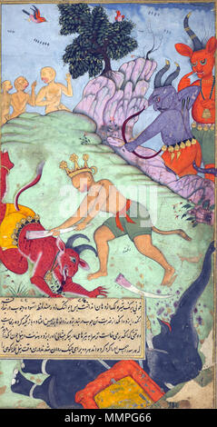 . Inglese: "Folio dal Ramayana di Valmiki (la maggiore libertà di Ramayana), Vol. 2, folio 227; recto: testo; tergo: Angada colpisce Devantaka con una zanna strappata dal Mahodara's elephant 1597-1605 Shyam Sundar , (indiano, dinastia Mughal ' . tra 1597 e 1605. Angada sconosciuto uccide Devantaka Foto Stock