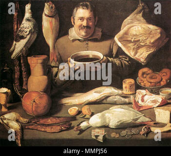 . Cucina di scena Bodegón. La risata di chef di cucina tenendo un grande ciotola di vino rosso nelle sue mani sta dietro un tavolo su cui tutti i tipi di cibo è prevista in uscita: pollame, quaglie, anatre, una Turchia, pesce, sgombro, formaggi, pasticcini, pane, salsicce, prosciutti, un piccione, un Orate di mare e un maiale di trotter. Nella parte anteriore di un pacco di schede e qualche cambiamento allentato è mostrato. Cucina scena. Tra il 1610 e il 1625. Del XVII secolo ignoti pittori - lo chef - WGA24061 Foto Stock