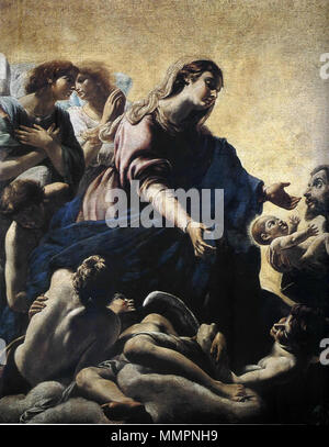 . Italiano: Apparizione della Vergine a san Francesco. Si tratta del frammento di una grande pala d'altare, rubata nel 1976 da una chiesa del Comune di Sezze (nel Lazio). I ladri dell'opera d'arte scempiarono il dipinto, tagliandolo a pezzi dei quali l'unico recuperato è quello in cui è raffigurata la Vergine . 1608. Orazio Borgianni - Palazzo Municipale di Sezze Romano Apparizione della Vergine a san Francesco - Borgianni Foto Stock