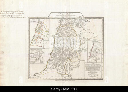 . Inglese: un grande e drammatico J. B. D'Anville mappa della Palestina, Israele, o la Terra Santa. I coperchi della antica città di Sidone nel giorno moderno Libano sud per quanto riguarda la città di Gaza ed Egitto. Dettagli di monti, fiumi, città, strade e laghi con divisioni politiche evidenziati in colore di contorno. Dispone di tre ingrandimenti. La parte superiore sinistra inset dettagli terre rivendicato da ciascuna delle tribù di Israele. Parte inferiore sinistra inset dispone di un piano di Gerusalemme come si può avere guardato in antichità. Note il tempio, il Calvario, e il monte degli Ulivi. Un ulteriore inserto nel quadrante inferiore destro mostra di Foto Stock