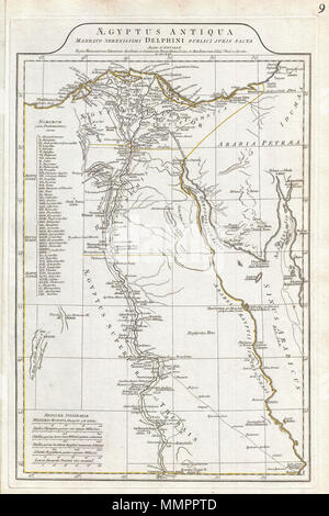 . Inglese: un grande e drammatico 1794 J. B. D'Anville mappa di Antico Egitto copre dal delta del Nilo e la striscia di Gaza a sud fino ad Assuan. Dettagli di monti, fiumi, città, strade e laghi con divisioni politiche evidenziati in colore di contorno. Entrambe le caratteristiche antiche e contemporanee nomi di luogo, cioè Thebae e Luxor, per ogni destinazione - una risorsa di valore inestimabile o studiosi di antichità. Identifica le piramidi, il monte Sinai, Natron, isola di Philae, le cataratte, ecc. Area del titolo viene visualizzata in una zona rialzata sopra la mappa corretta. Include sei scale di distanza, in basso a sinistra, facendo riferimento a varie measu Foto Stock