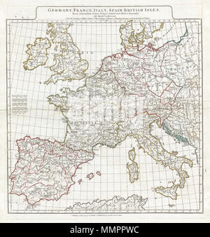 . Inglese: un grande e drammatico 1794 J. B. D'Anville Mappa di Europa occidentale. Copre dalle isole britanniche a sud di Spagna e Oriente per quanto riguarda l'Ungheria, la Polonia e la Dalmazia. Questa mappa è destinata a rappresentare l'Europa occidentale a seguito del declino dell'Impero Romano ma prima della insorgenza dei secoli bui. Dettagli di monti, fiumi, città, strade e laghi con divisioni politiche evidenziati in colore di contorno. Entrambe le caratteristiche antiche e contemporanee nomi di luogo, cioè Parisii e Parigi, per ogni destinazione - una risorsa di valore inestimabile o studiosi di antichità. Area del titolo viene visualizzata in una zona rialzata abo Foto Stock