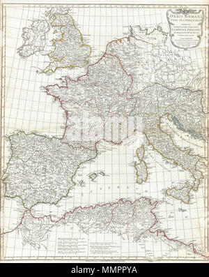 . Inglese: un grande e drammatico J. B. D'Anville mappa della parte occidentale dell'Impero Romano. Copre dall'Inghilterra (Brittania) e Irlanda (Hibernia), il sud della Spagna (Hispania) e il Marocco (Mauritania), e a est per quanto riguarda l Italia (Italia) e della Dalmazia. Comprende la parte occidentale del Mar Mediterraneo e del Mar Adriatico. Dettagli montagne fiumi, città, strade e laghi con divisioni politiche evidenziati in colore di contorno. Titolo decorativo cartiglio recante il Aquila romana viene visualizzato in alto a destra. Include otto scale di distanza, in basso al centro, che fanno riferimento a vari sistemi di misurazione com Foto Stock