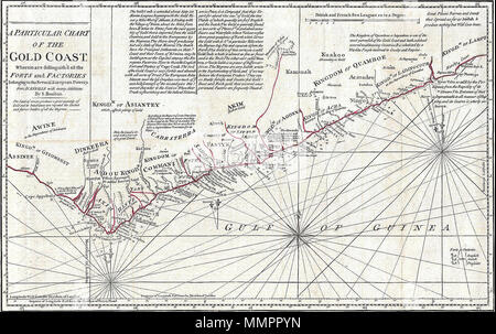 . Inglese: questa è probabilmente la più importante Mappa di Africa, prodotta nel XVIII secolo. In gran parte basate sulla precedente D'Anville mappa, questa mappa è stata ampliata e ampliato da Samuel Boulton. Raffigura il continente in piena con inset della Costa d'oro (o la Costa d Avorio, o Guinea). Questa mappa è unica per il fatto che si tratta di un serio tentativo di compilare tutti la precisa conoscenza scientifica del continente africano disponibile al momento. A differenza di molti altri Africa maps del periodo vi quasi nessun tentativo di colmare il "sconosciuto" regioni dell'interno con bestie fittizio, regni, e geo Foto Stock