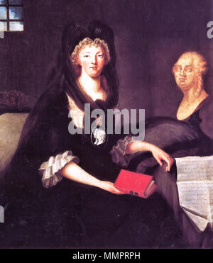 . Inglese: Ritratto di Maria Antonietta alla Conciergerie, in lutto, con un cameo pendant raffigurante il Delfino, tenendo una vita di Maria Regina di Scozia, un busto di Luigi XVI e il testamento del 23 dicembre 1792 sul Tavolo drappeggiato accanto a. Français : Maria Antonietta en grand deuil au Tempio italiano: Maria Antonietta con l'abito da lutto nella prigione del Tempio. Questo ritratto fu ispirato dal pastello eseguito da Kucharski. Attualmente si è a conoscenza di una copia che differisce da questa solamente per una modifica apportata nel medaglione indossato dalla regina. . 1794. Marie-Ant Foto Stock