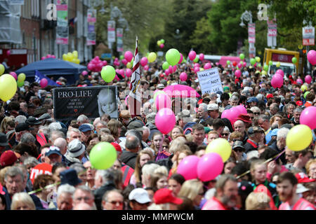 Ritrasmesso la correzione di posizione pro-vita dimostranti di alzarsi in piedi per la vita in campagna Merrion Square, Dublino, per la conservazione dell'Ottavo emendamento della Costituzione irlandese che deve essere deciso in un referendum il 25 maggio. Foto Stock