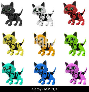 Gattino robotico variazioni di colore impostato, 3d'illustrazione, orizzontale, isolato Foto Stock