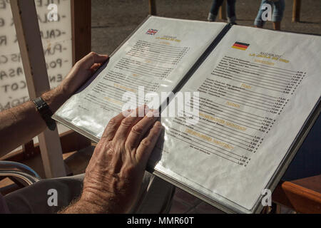 Scegliendo dal menu turistico in tedesco e in inglese Foto Stock