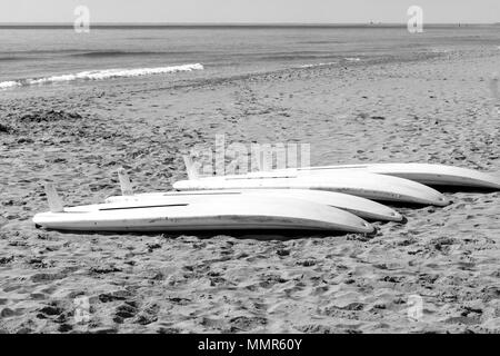 Windsurf tavole sulla sabbia in una spiaggia mediterranea Foto Stock