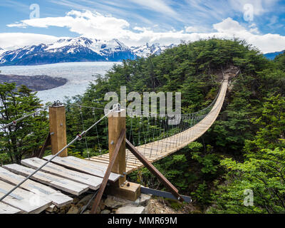 Sospensione ponte vicino ghiacciaio Grey, punto di vista sull'O-circuito, il Parco Nazionale di Torres del Paine, Patagonia, Cile Foto Stock