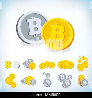 Bitcoin. 2D bit cartoon moneta. Valuta digitale. Cryptocurrency. Monete in oro con il simbolo isolato su sfondo bianco. Illustrazione Vettoriale. Illustrazione Vettoriale