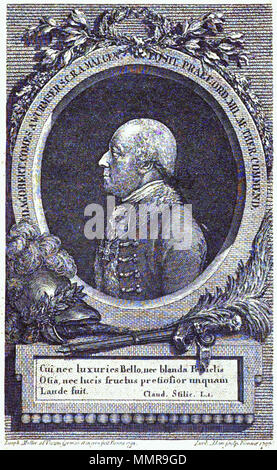 . Latina: Dagobert proviene un Wurmser S[acrae][C] aesaraeae R[egiaeque][aut] maj[estas] Germaniae posit. pref. Ord[inis] Mil. M[ariae] Ther[easiae] raccomandare[uta]. Joseph Müller ad Vivum formae et in cura fecit Vienna 1793. Giacobbe sculp Adam. Viennae 1795. Deutsch: Dagobert Sigmund von Wurmser (1724-1797), österreichischer Feldmarschall Dagobert proviene un Wurmser (1795) Foto Stock