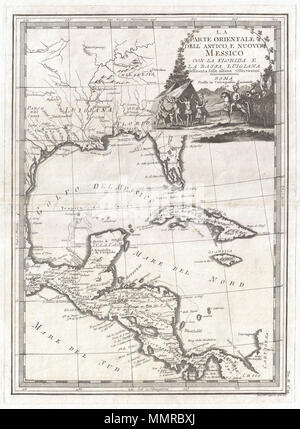 . Inglese: si tratta di un realismo stupefacente 1798 mappa della Florida, il Golfo del Messico, Louisiana, e l'America centrale dal cartografo italiano Giovanni Maria Cassini. Mentre visivamente accattivante, questa mappa è cartographically primitiva. La Florida è qui rappresentata come un arcipelago. Cassini non riesce inoltre a fissare il fiume Mississippi per il Missouri. Tuttavia egli fare qualche sforzo per assegnare un nome a un numero di American Indian tribù nella valle del Mississippi e Texas, compreso il Cherokee (Cherakesia), Chacumal, Apalache, e del Moncenisio. Nel quadrante superiore destro è presente un attraente c decorativi Foto Stock