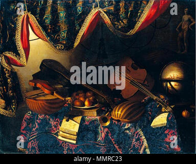 Natura morta con strumenti musicali, spartiti, mappa del mondo, appoggiato su un tavolo ricoperto con un tappeto in un interno. Il XVII secolo. Bartolomeo Bettera - Natura morta con strumenti musicali Foto Stock