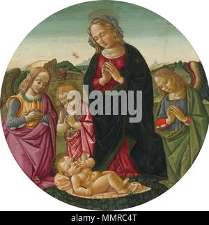 . La Madonna e il Bambino San Giovanni Battista adorare Cristo Bambino con due angeli, Annunciazione ai pastori al di là; tondo . giro di 15-16 secolo. Bartolomeo di Giovanni la Madonna e il Bambino San Giovanni Battista adorare Cristo Bambino Foto Stock